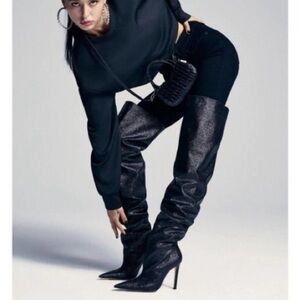 New! Good American Glitter Elegant Black Over-the-Knee Boots, Size 7,5